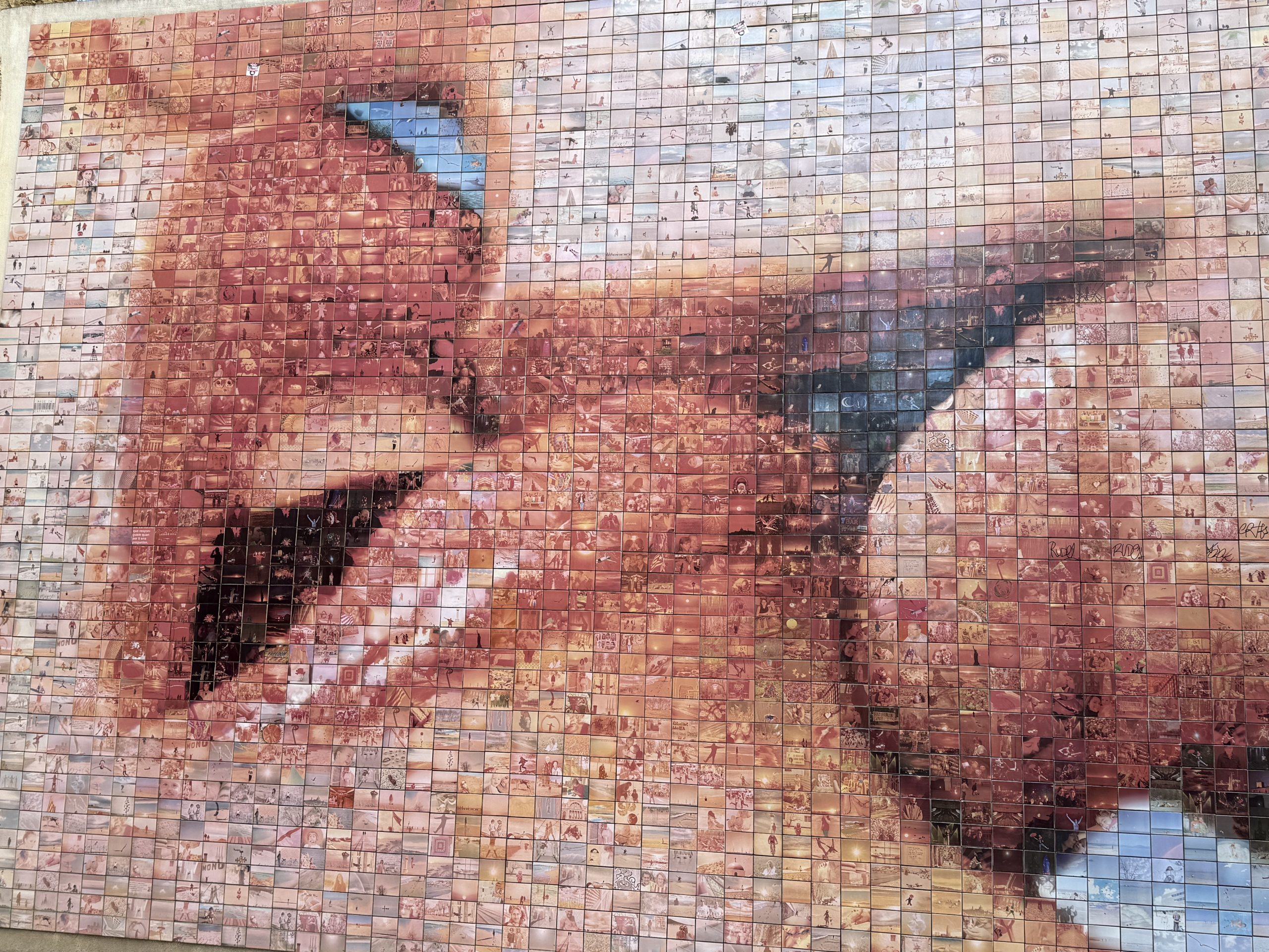 Man sieht zwei sich küssende Lippen. Das Bild besteht aus hunderten kleineren Bilder, die dieses sinnliche Motiv ergeben. Der linke Mund ist etwas geöffnet, man sieht die Zähne. Der rechte Mund ist ebenfalls leicht offen, er küsse die Unterlippe des Anderen. Man sieht nur die Lippen und einen Teil der Nase.