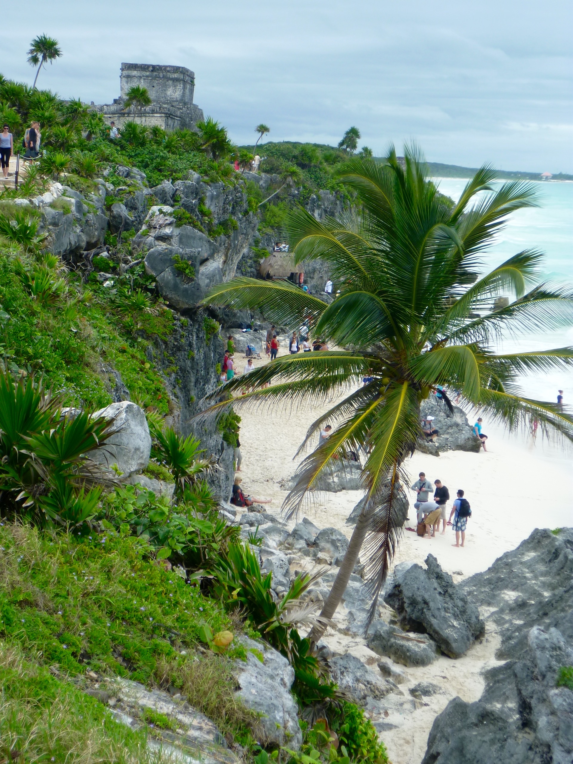 Ein Traumstrand mit Palmen, weißem Sand und schönem Meer. Es sind ein paar Touristen zu sehen und es führt ein grüner Hang zum Strand runter.