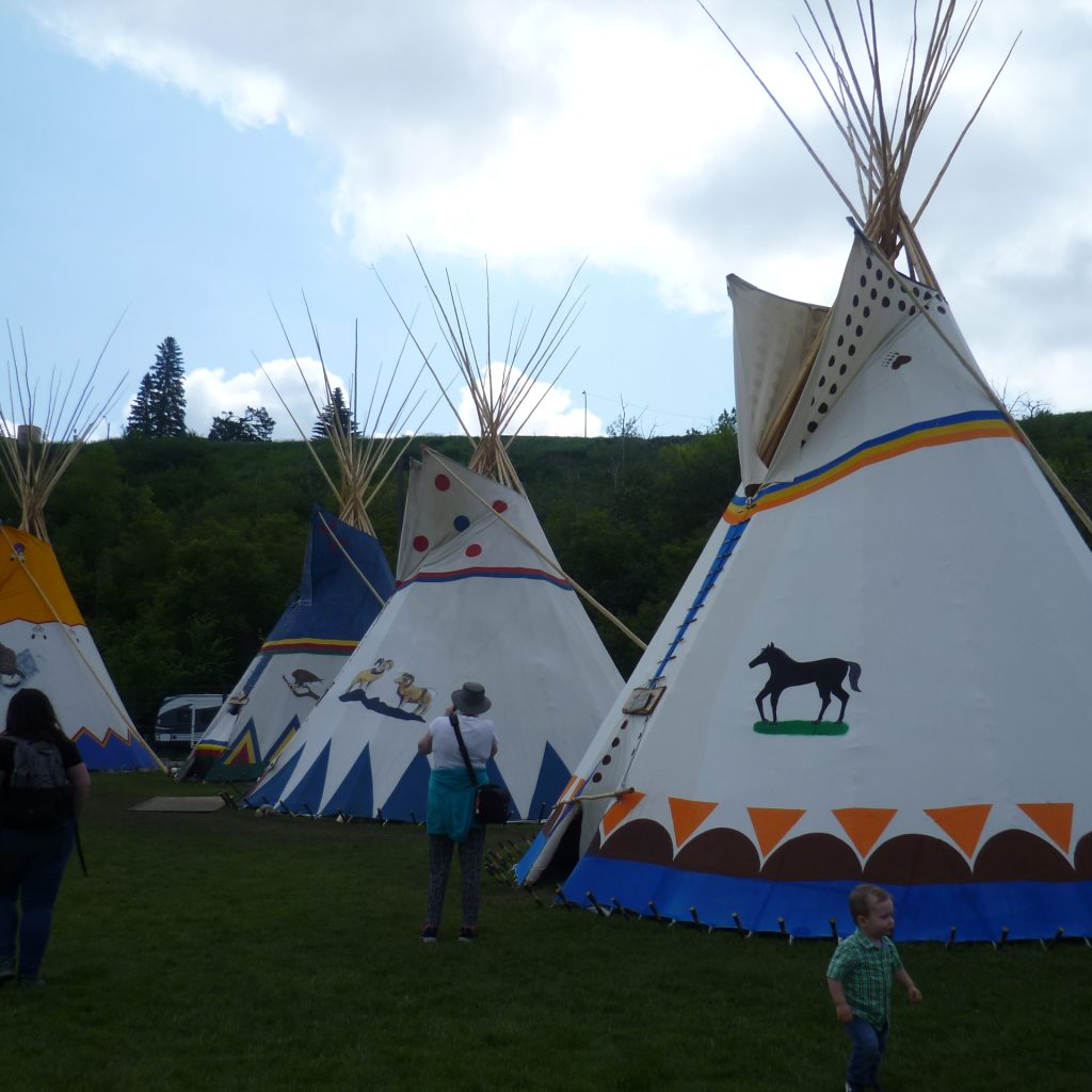 Einige Zelte von Indigenen. Sie snd weiß und stehen auf einer Wiese