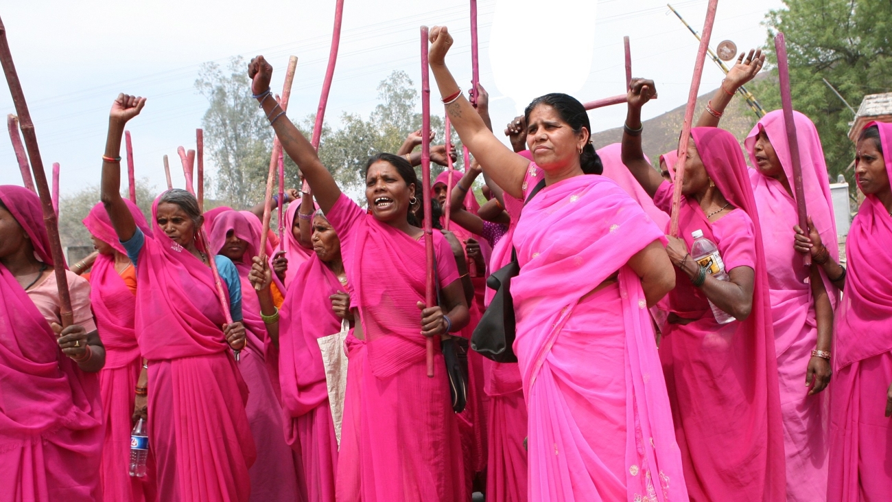 Man sieht Frauen in rosa Saris die eine Hand in die Luft strecken. Sie haben einen rot bemalten Stock in Händen und scheinen sehr entschlossen zu sein.