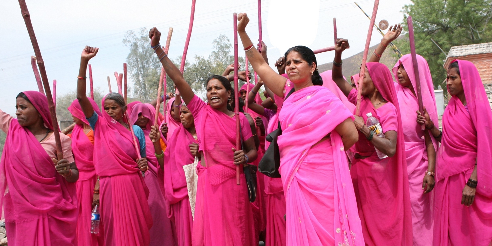 Man sieht Frauen in rosa Saris die eine Hand in die Luft strecken. Sie haben einen rot bemalten Stock in Händen und scheinen sehr entschlossen zu sein.